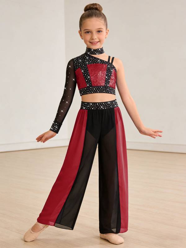 Girls 2pcs Lyrical Dance Outfit Sequin Crop Top with Chiffon Pants for Stage thumb