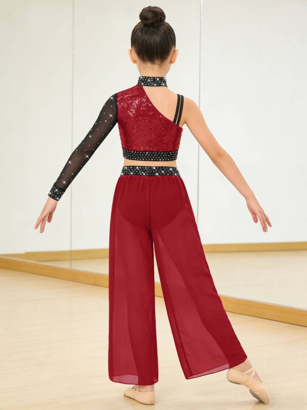 Girls 2pcs Lyrical Dance Outfit Sequin Crop Top with Chiffon Pants for Stage thumb