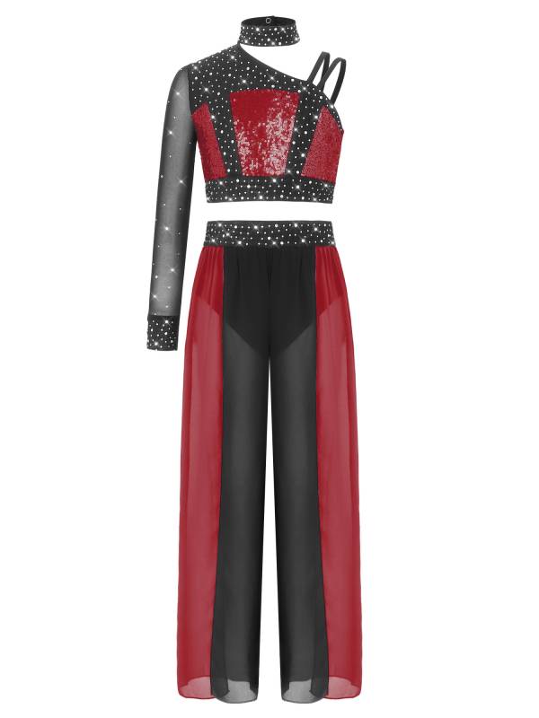 Girls 2pcs Lyrical Dance Outfit Sequin Crop Top with Chiffon Pants for Stage thumb