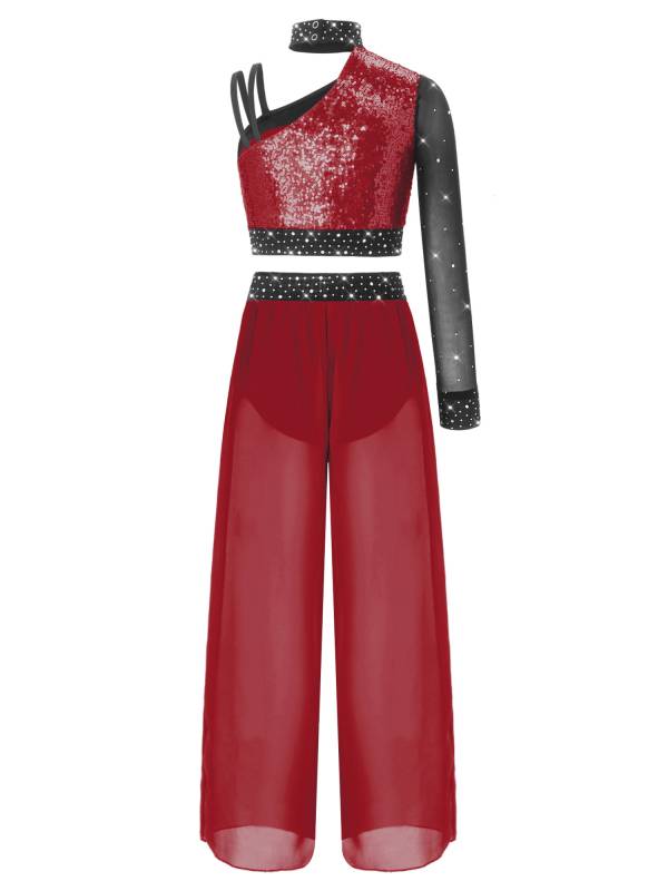 Girls 2pcs Lyrical Dance Outfit Sequin Crop Top with Chiffon Pants for Stage thumb