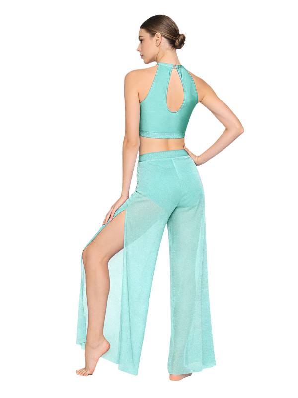 Womens 2Pcs Lyrical Dance Outfit Rhinestone Sleeveless Top and Side Slit Pants thumb