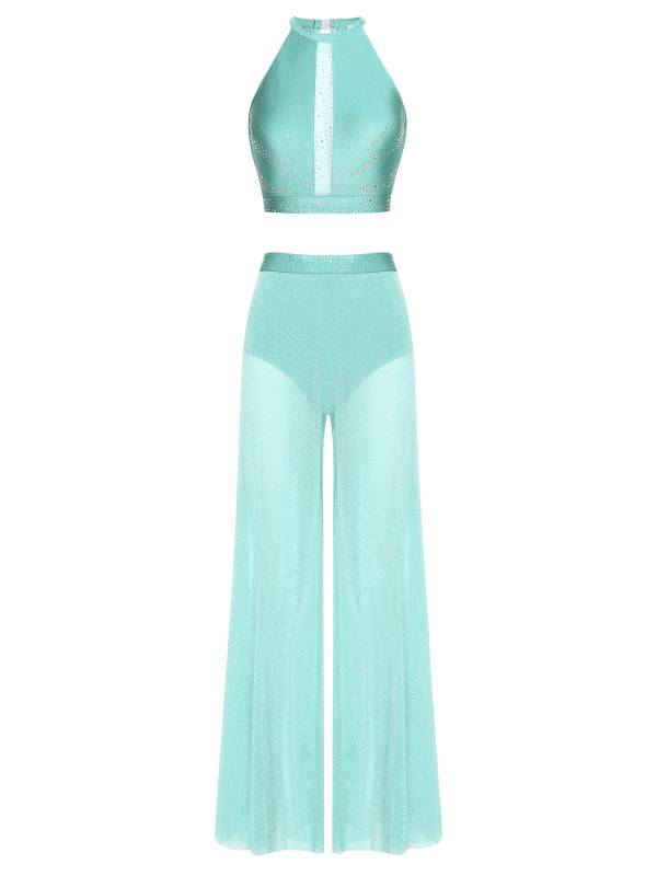 Womens 2Pcs Lyrical Dance Outfit Rhinestone Sleeveless Top and Side Slit Pants thumb