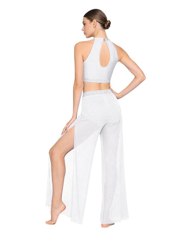 Womens 2Pcs Lyrical Dance Outfit Rhinestone Sleeveless Top and Side Slit Pants thumb