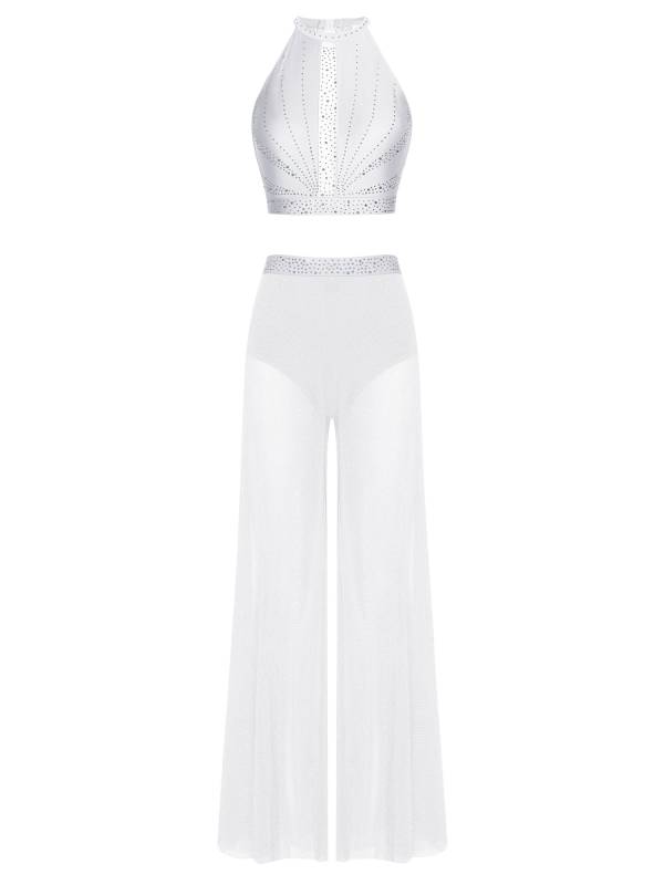 Womens 2Pcs Lyrical Dance Outfit Rhinestone Sleeveless Top and Side Slit Pants thumb