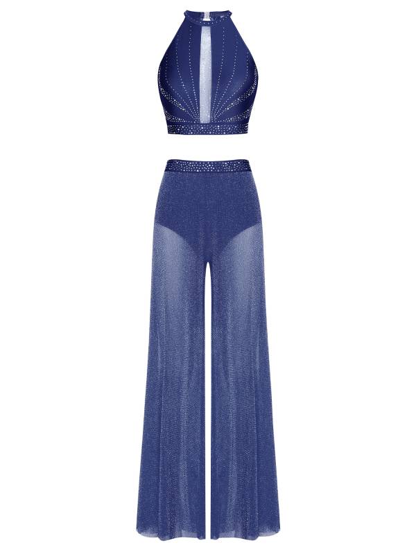 Womens 2Pcs Lyrical Dance Outfit Rhinestone Sleeveless Top and Side Slit Pants thumb