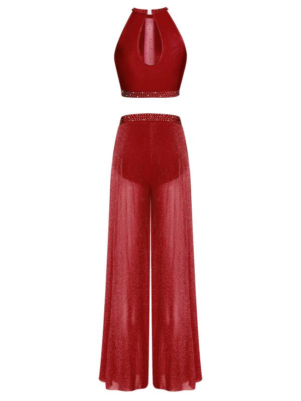 Womens 2Pcs Lyrical Dance Outfit Rhinestone Sleeveless Top and Side Slit Pants thumb
