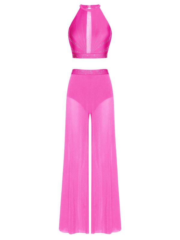Womens 2Pcs Lyrical Dance Outfit Rhinestone Sleeveless Top and Side Slit Pants thumb