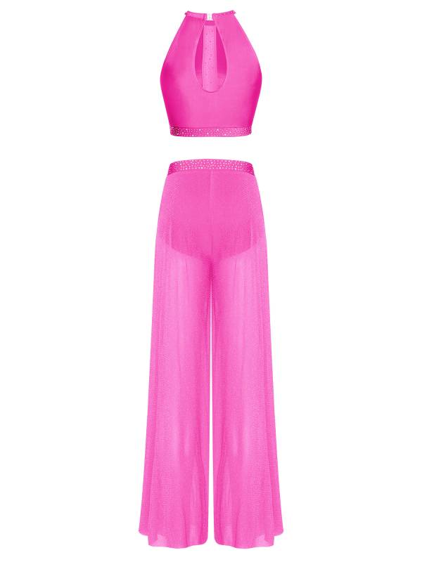 Womens 2Pcs Lyrical Dance Outfit Rhinestone Sleeveless Top and Side Slit Pants thumb