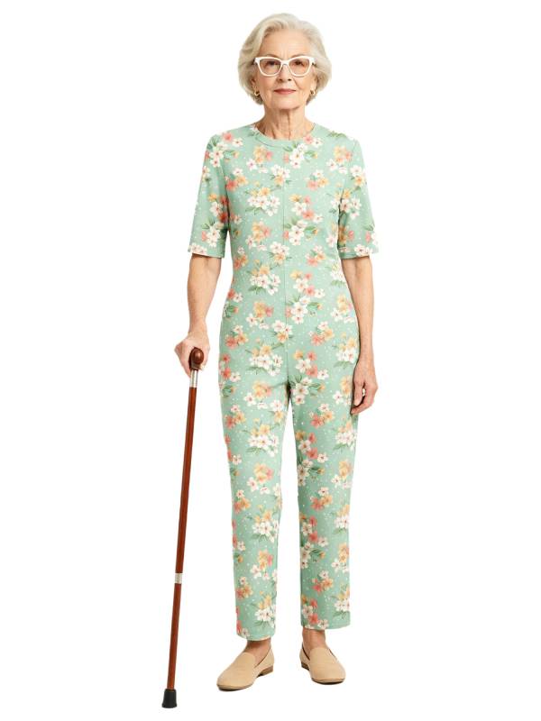 Womens Floral Short Sleeve Back Zipper Anti-strip Adaptive Rompers for Alzheimer thumb