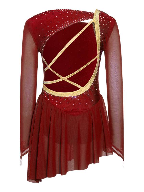 Girls Long Sleeve Rhinestone Figure Skating Dress for Ice Skating & Ballet Show thumb