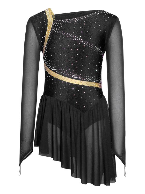 Girls Long Sleeve Rhinestone Figure Skating Dress for Ice Skating & Ballet Show thumb