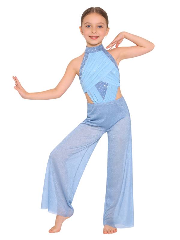 Girls Lyrical Dance Jumpsuit Sleeveless Rhinestone Halter Ballet Skating Leotard thumb