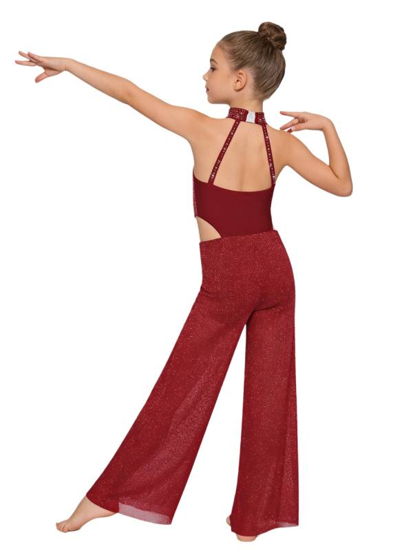 Girls Lyrical Dance Jumpsuit Sleeveless Rhinestone Halter Ballet Skating Leotard thumb
