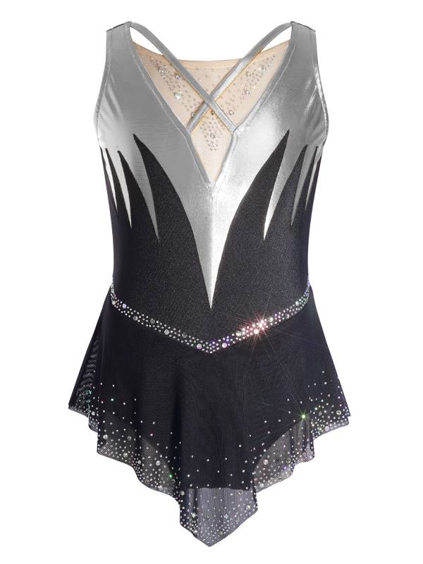 Girls Sleeveless Metallic Rhinetone Figure Skating Dress Gymnastics Leotard thumb