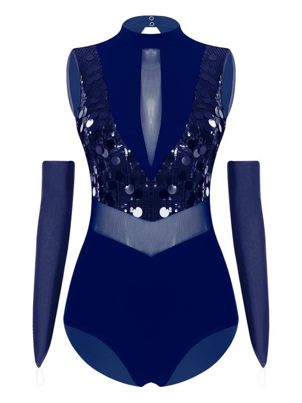 Women Sequin Sleeveless Latin Jazz Dance Leotard with Gloves thumb