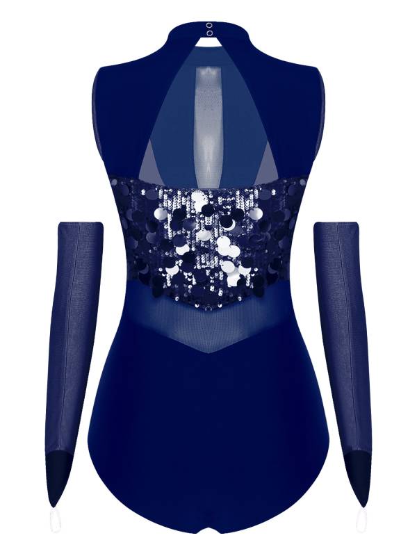 Women Sequin Sleeveless Latin Jazz Dance Leotard with Gloves thumb