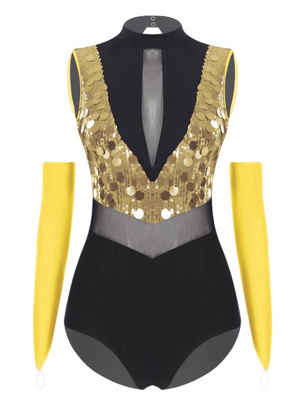 Women Sequin Sleeveless Latin Jazz Dance Leotard with Gloves thumb