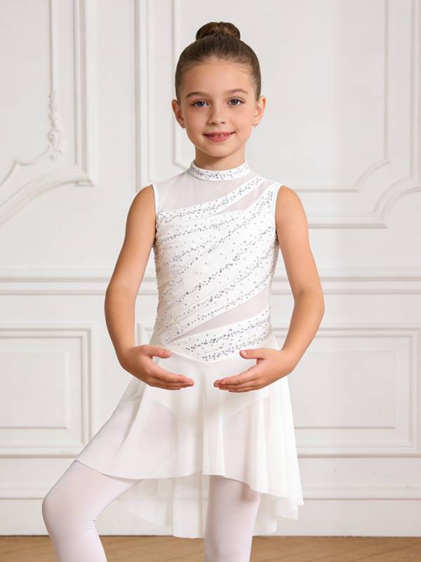 Girls Lyrical Dance Costume Sparkly Sleeveless Hi-lo Figure Skating Dress thumb