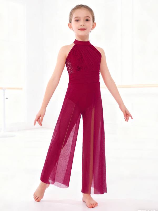 Kids Girls Lyrical Dance Jumpsuit Rhinestone Sleeveless Side Slit Ballet Leotard thumb