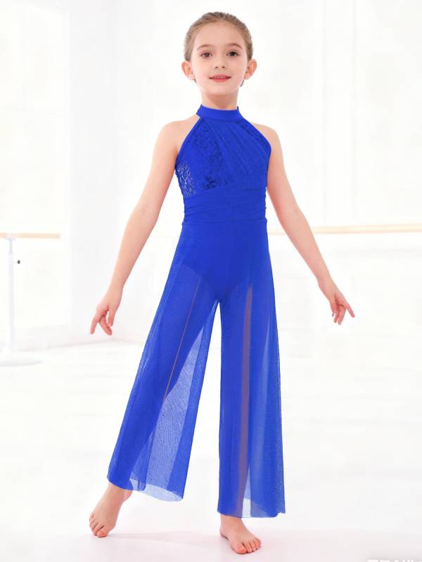 Kids Girls Lyrical Dance Jumpsuit Rhinestone Sleeveless Side Slit Ballet Leotard thumb
