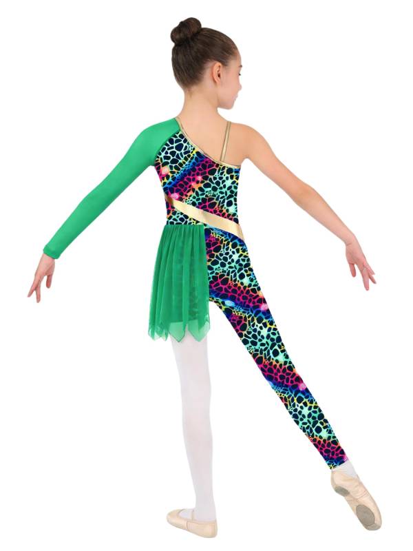 Kids Cavegirl Gymnastics Leotard Leopard Print Asymmetrical Jumpsuit thumb