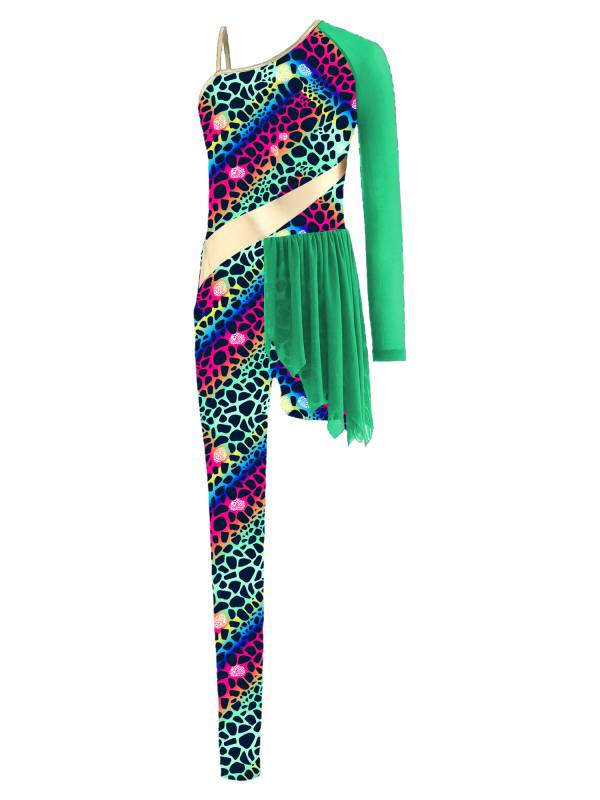 Kids Cavegirl Gymnastics Leotard Leopard Print Asymmetrical Jumpsuit thumb