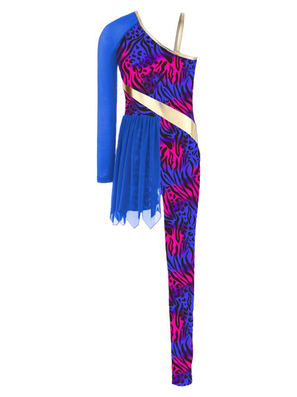 Kids Cavegirl Gymnastics Leotard Leopard Print Asymmetrical Jumpsuit thumb