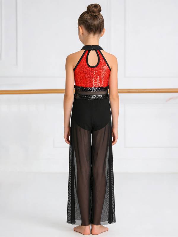 Girls Sequin Jazz Dance Jumpsuit Wide-leg Bodysuit with Built-in Briefs thumb