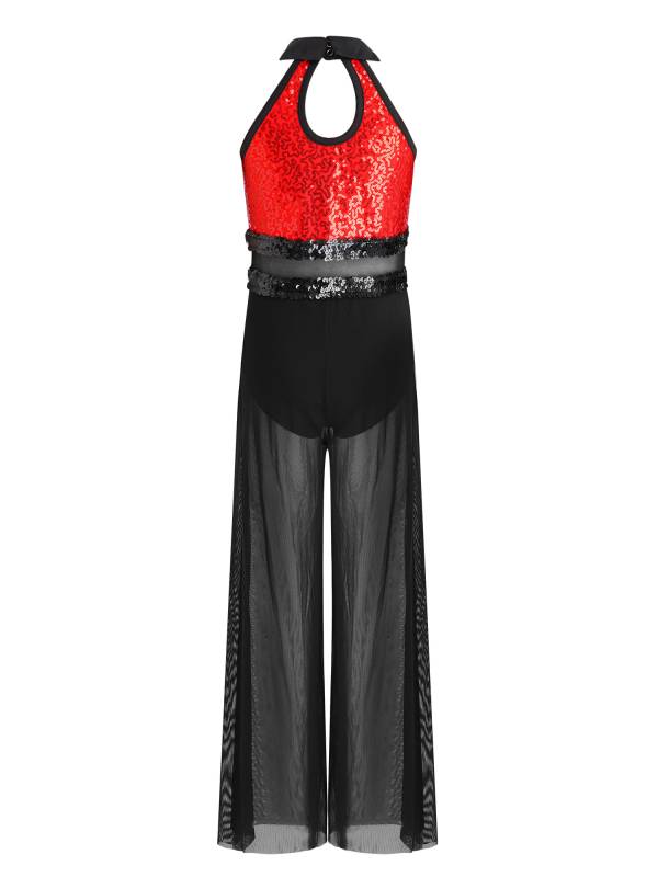 Girls Sequin Jazz Dance Jumpsuit Wide-leg Bodysuit with Built-in Briefs thumb