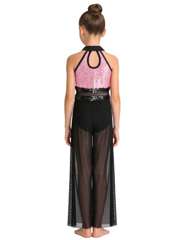 Girls Sequin Jazz Dance Jumpsuit Wide-leg Bodysuit with Built-in Briefs thumb