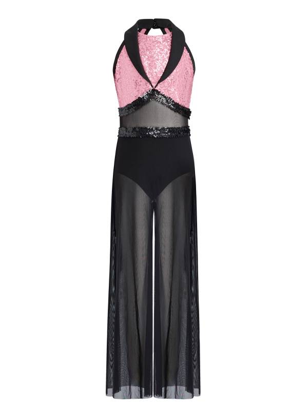 Girls Sequin Jazz Dance Jumpsuit Wide-leg Bodysuit with Built-in Briefs thumb