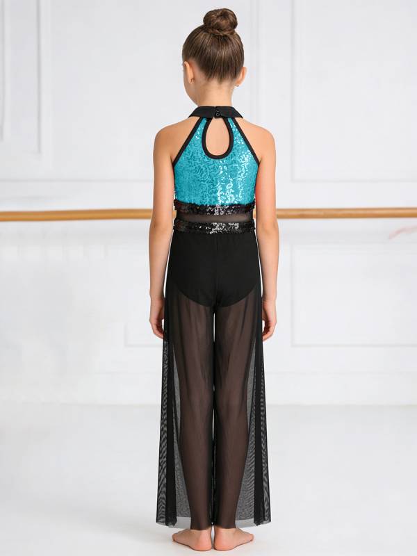 Girls Sequin Jazz Dance Jumpsuit Wide-leg Bodysuit with Built-in Briefs thumb