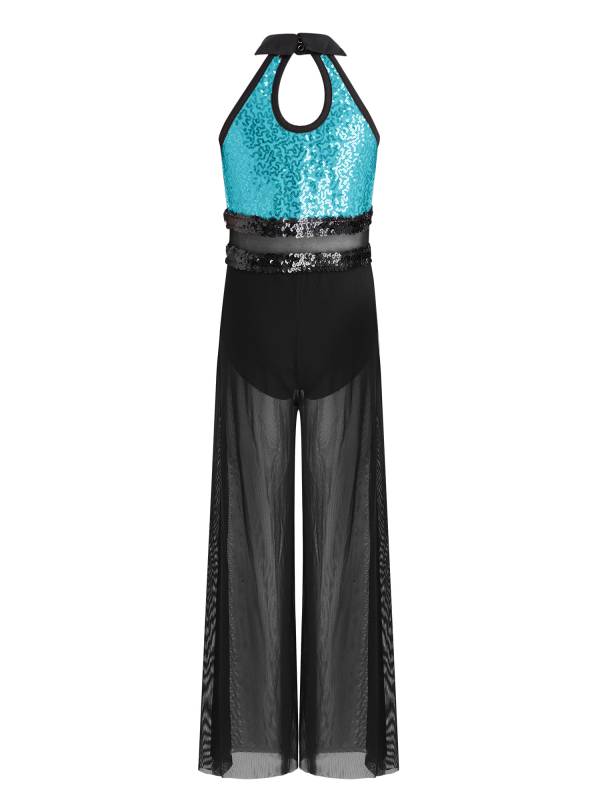 Girls Sequin Jazz Dance Jumpsuit Wide-leg Bodysuit with Built-in Briefs thumb