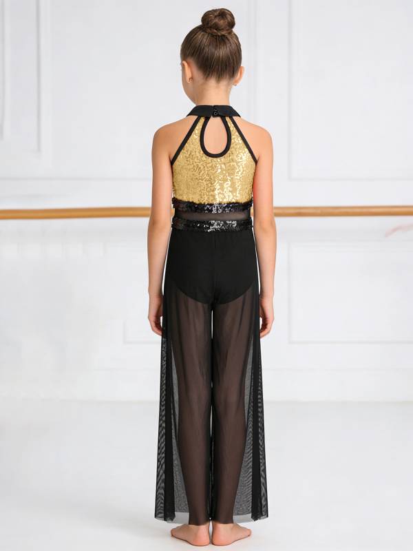 Girls Sequin Jazz Dance Jumpsuit Wide-leg Bodysuit with Built-in Briefs thumb