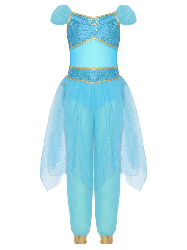 Girls Arabian Princess Tulle Jumpsuit Sequin Costume for Halloween, Belly Dance thumb