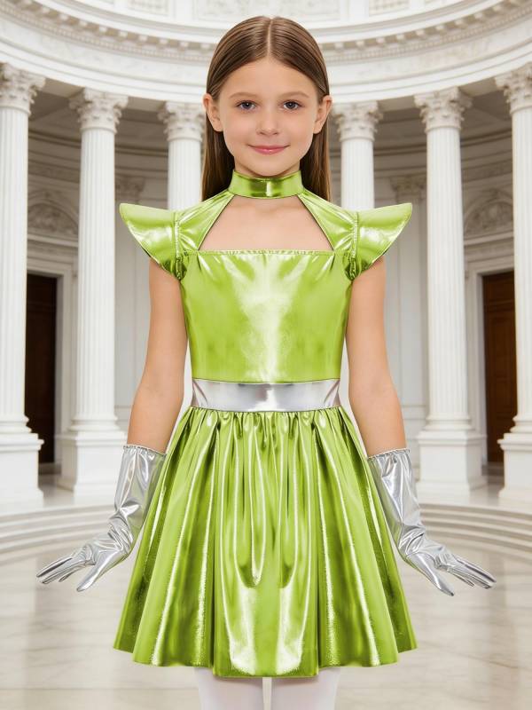 Girls Metallic Alien Halloween Cosplay Costume Cap Sleee A-line Dress Robot Set thumb