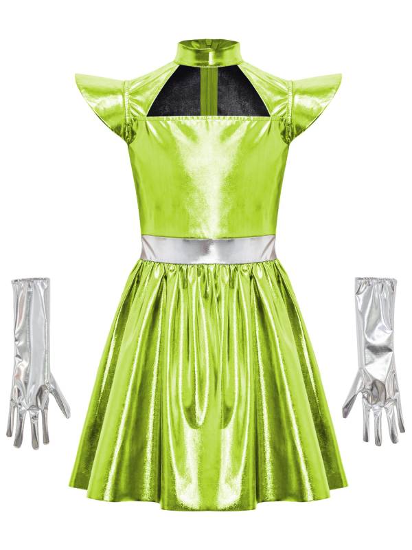 Girls Metallic Alien Halloween Cosplay Costume Cap Sleee A-line Dress Robot Set thumb