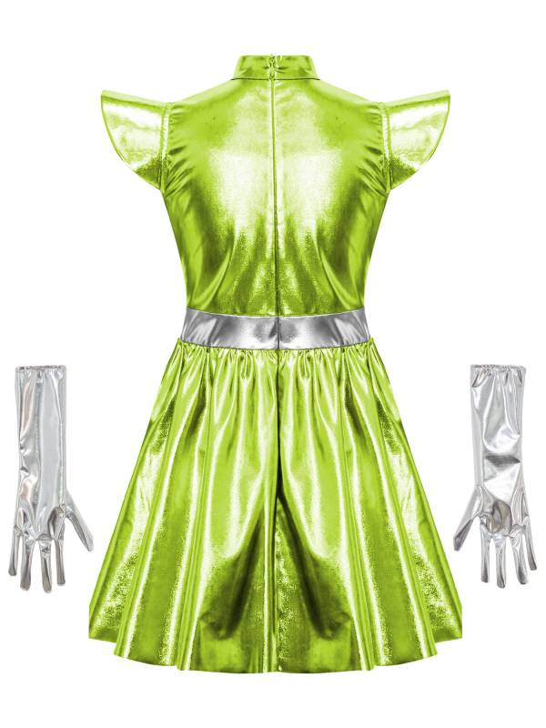 Girls Metallic Alien Halloween Cosplay Costume Cap Sleee A-line Dress Robot Set thumb