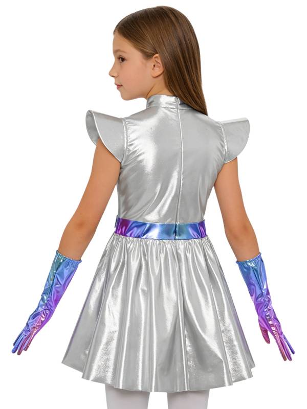Girls Metallic Alien Halloween Cosplay Costume Cap Sleee A-line Dress Robot Set thumb