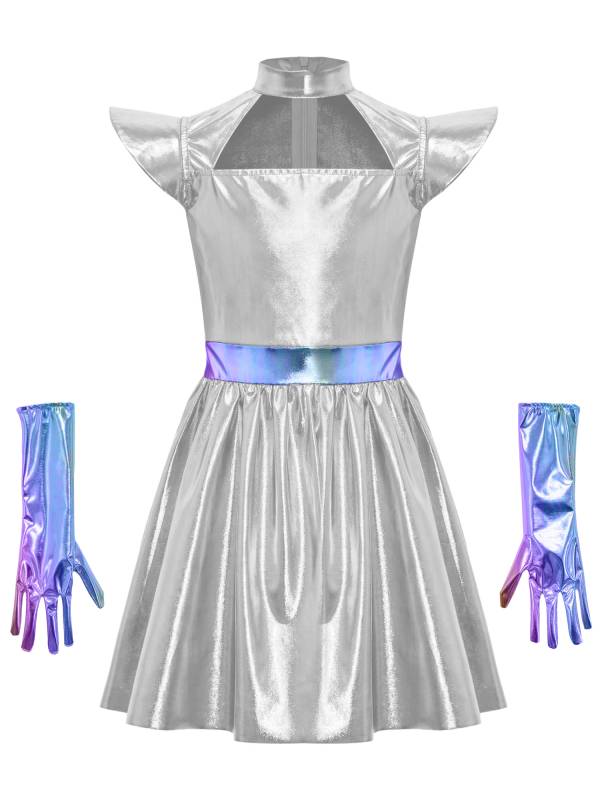 Girls Metallic Alien Halloween Cosplay Costume Cap Sleee A-line Dress Robot Set thumb
