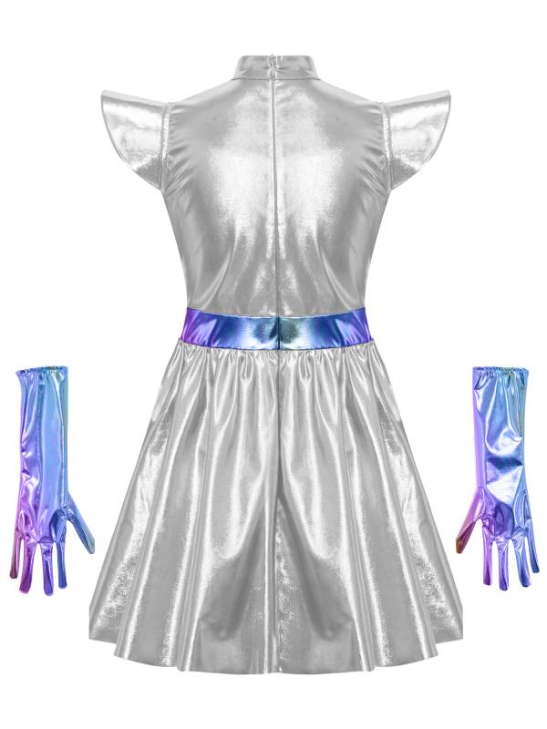 Girls Metallic Alien Halloween Cosplay Costume Cap Sleee A-line Dress Robot Set thumb
