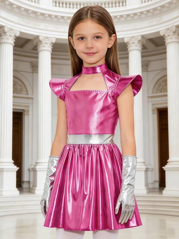Girls Metallic Alien Halloween Cosplay Costume Cap Sleee A-line Dress Robot Set thumb