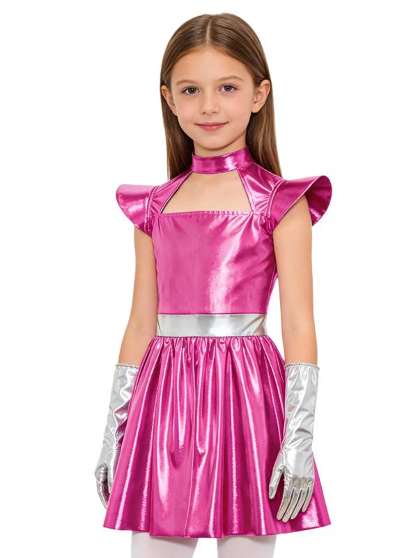 Girls Metallic Alien Halloween Cosplay Costume Cap Sleee A-line Dress Robot Set thumb