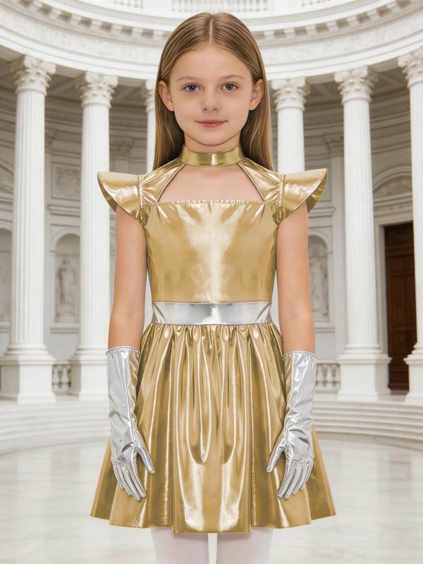 Girls Metallic Alien Halloween Cosplay Costume Cap Sleee A-line Dress Robot Set thumb