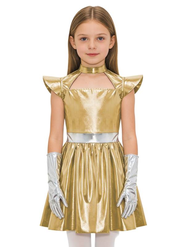 Girls Metallic Alien Halloween Cosplay Costume Cap Sleee A-line Dress Robot Set thumb