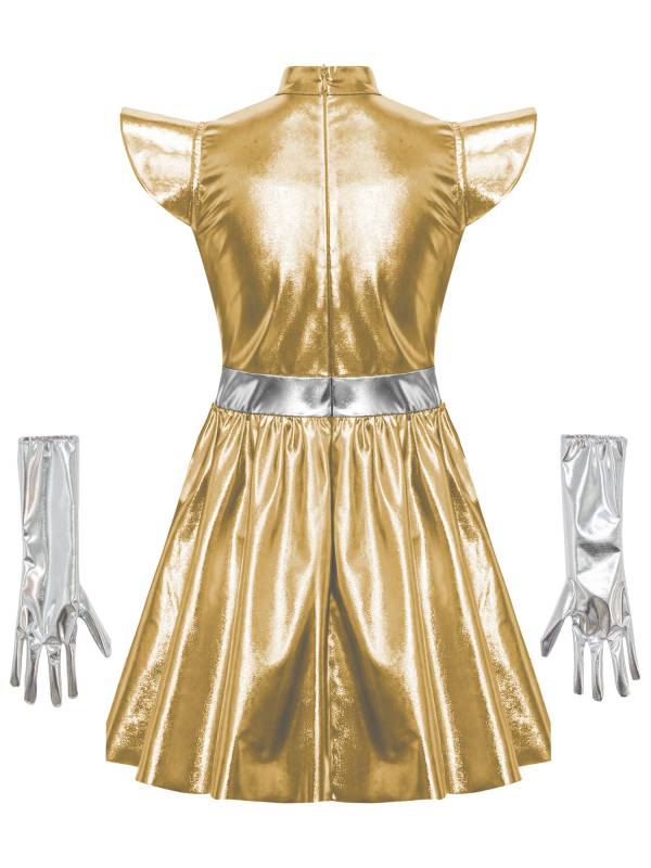 Girls Metallic Alien Halloween Cosplay Costume Cap Sleee A-line Dress Robot Set thumb