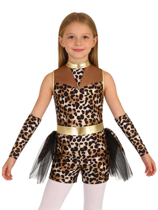 Girls Caveman Leopard Print Romper Mesh Tutu Costume with Gloves for Halloween thumb