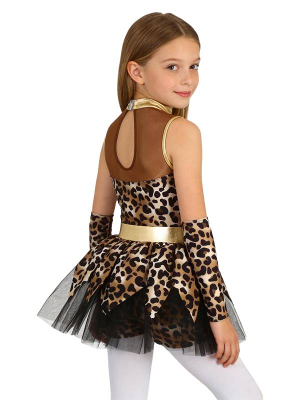 Girls Caveman Leopard Print Romper Mesh Tutu Costume with Gloves for Halloween thumb