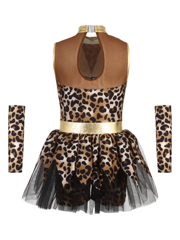 Girls Caveman Leopard Print Romper Mesh Tutu Costume with Gloves for Halloween thumb