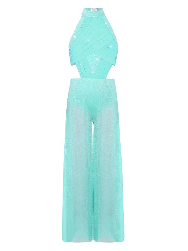 Girls Lyrical Dance Jumpsuit Sleeveless Rhinestone Halter Ballet Skating Leotard thumb